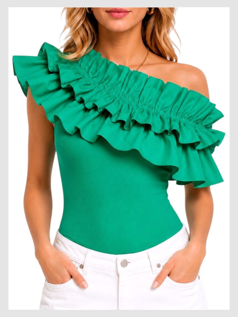 Zara One Shoulder Ruffle Ribbed Bodysuit Emerald Asymmetrical M